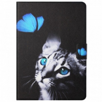 Capa De Couro Para Samsung Galaxy Tab A8 (2021) Gato Azul E Borboleta