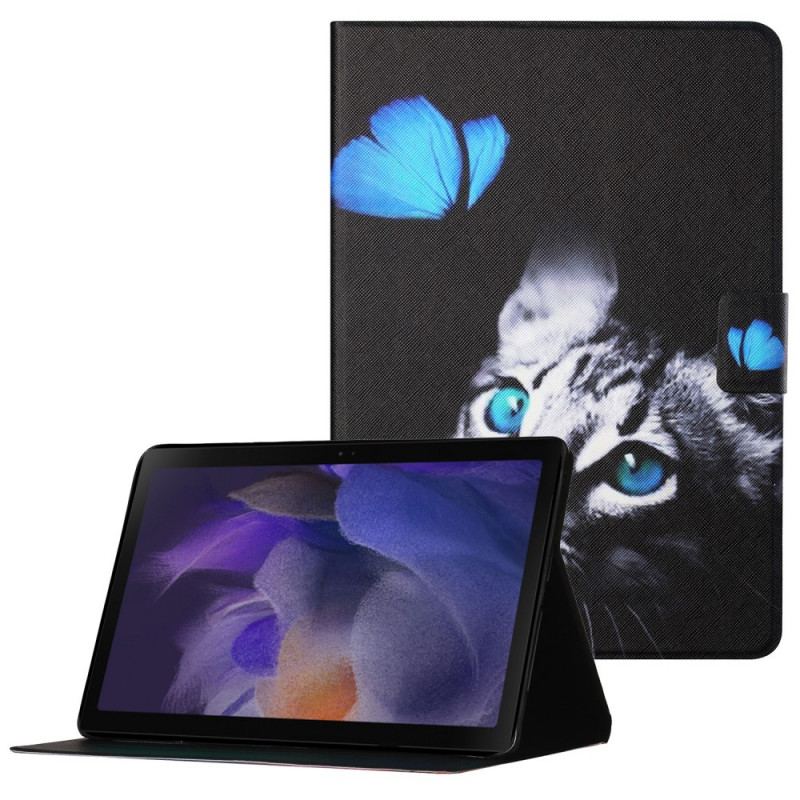 Capa De Couro Para Samsung Galaxy Tab A8 (2021) Gato Azul E Borboleta