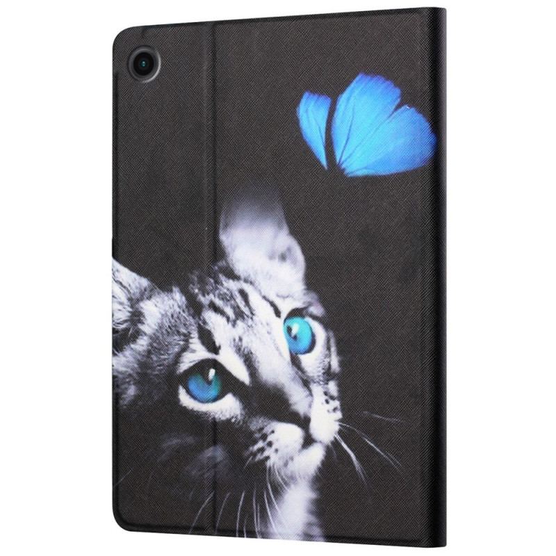 Capa De Couro Para Samsung Galaxy Tab A8 (2021) Gato Azul E Borboleta