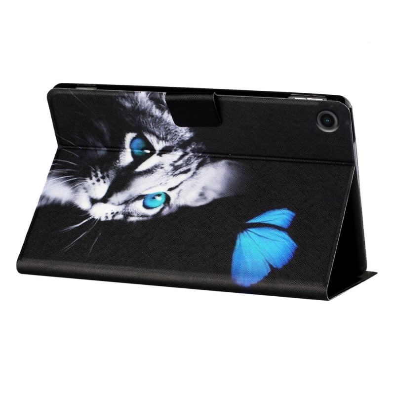 Capa De Couro Para Samsung Galaxy Tab A8 (2021) Gato Azul E Borboleta