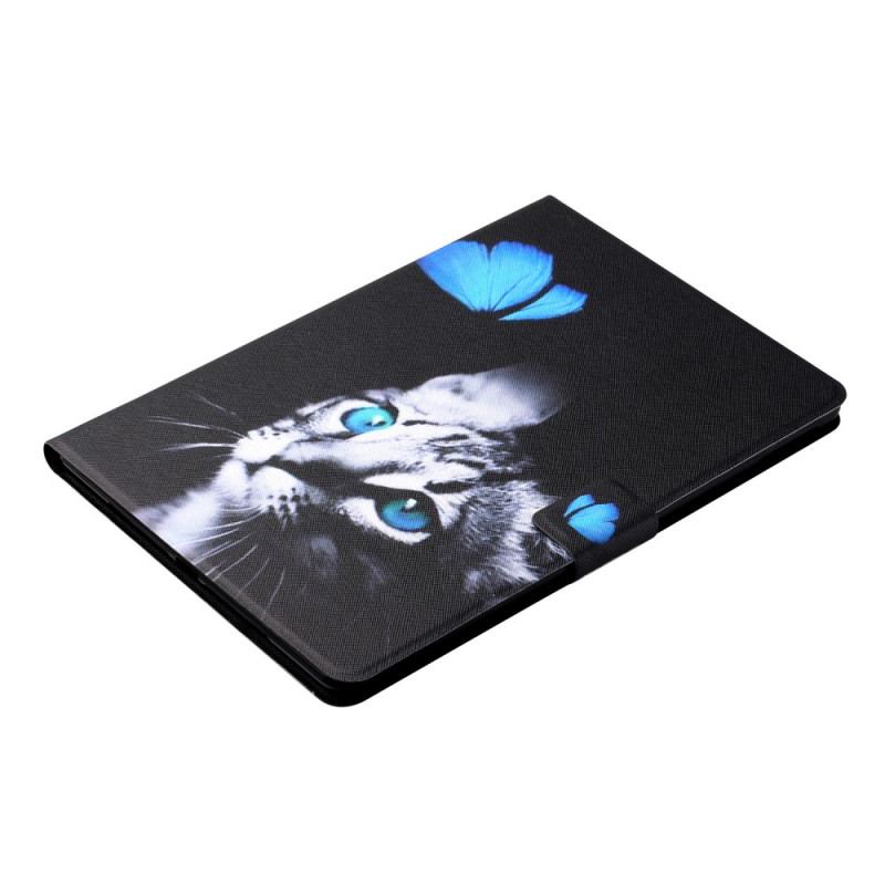 Capa De Couro Para Samsung Galaxy Tab A8 (2021) Gato Azul E Borboleta