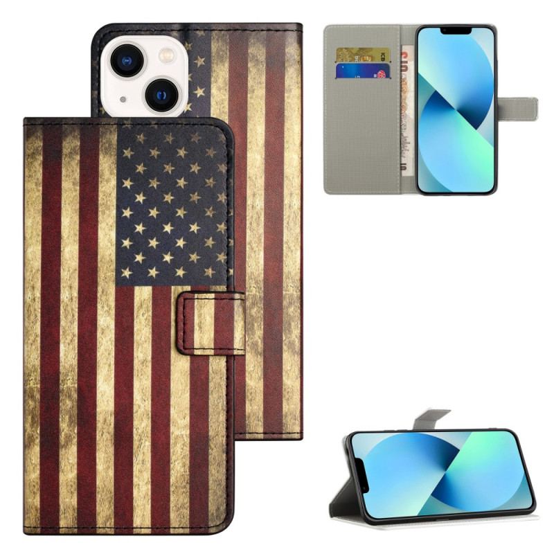 Capa De Couro Para iPhone 15 Plus Bandeira Vintage Dos Eua