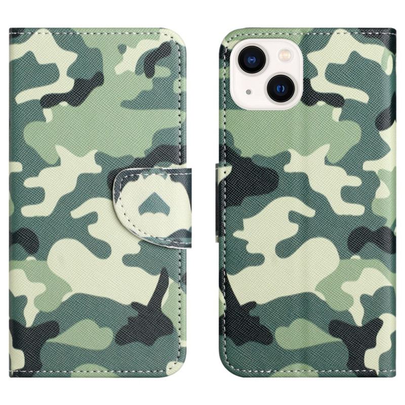 Capa De Couro Para iPhone 15 Plus Camuflagem Militar