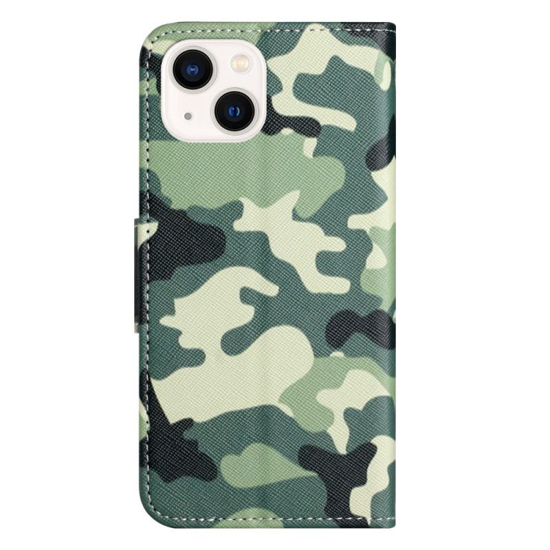 Capa De Couro Para iPhone 15 Plus Camuflagem Militar