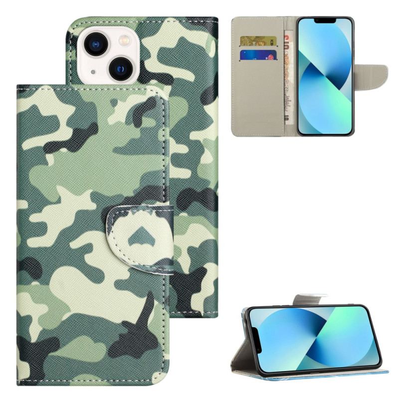 Capa De Couro Para iPhone 15 Plus Camuflagem Militar