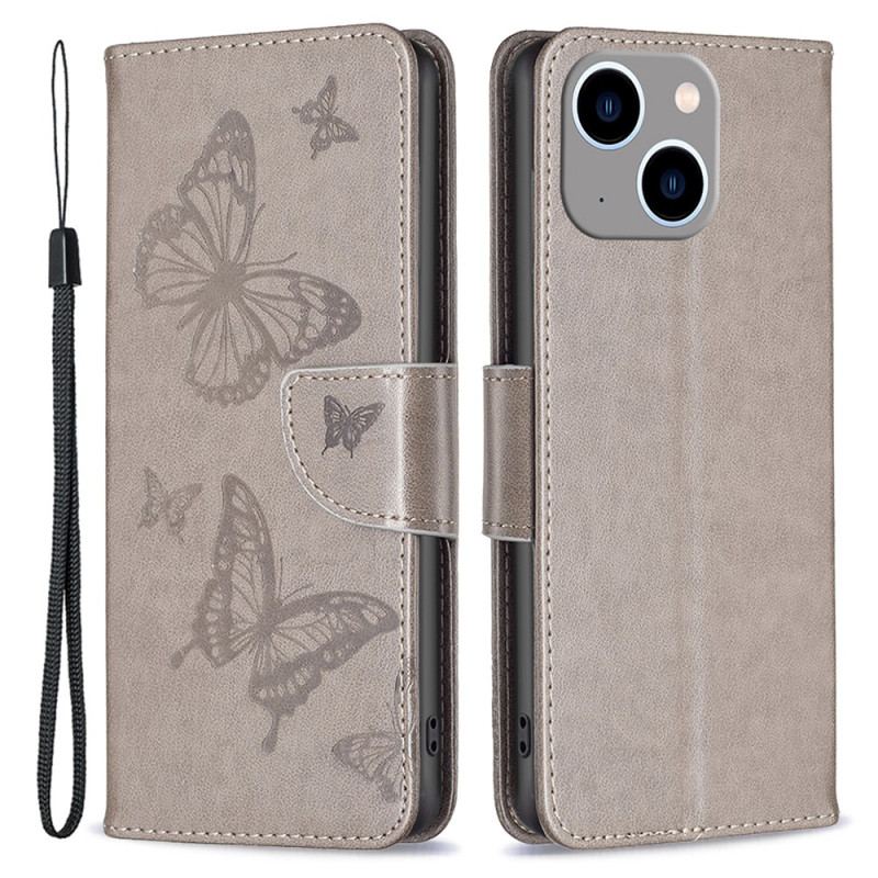 Capa De Couro Para iPhone 15 Plus De Cordão Borboletas Estampadas Com Alça