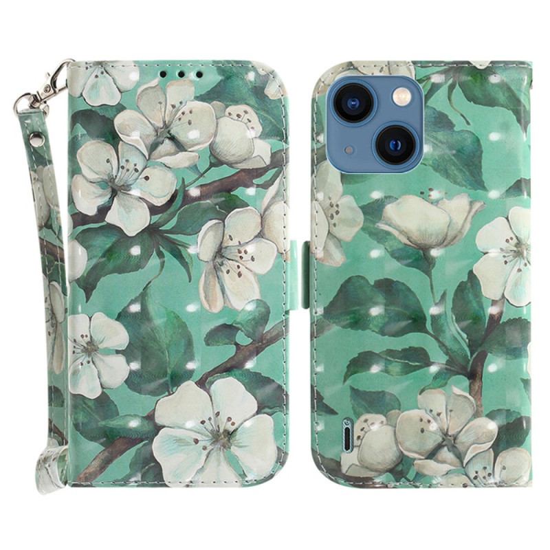 Capa De Couro Para iPhone 15 Plus De Cordão Flores Brancas Com Alça