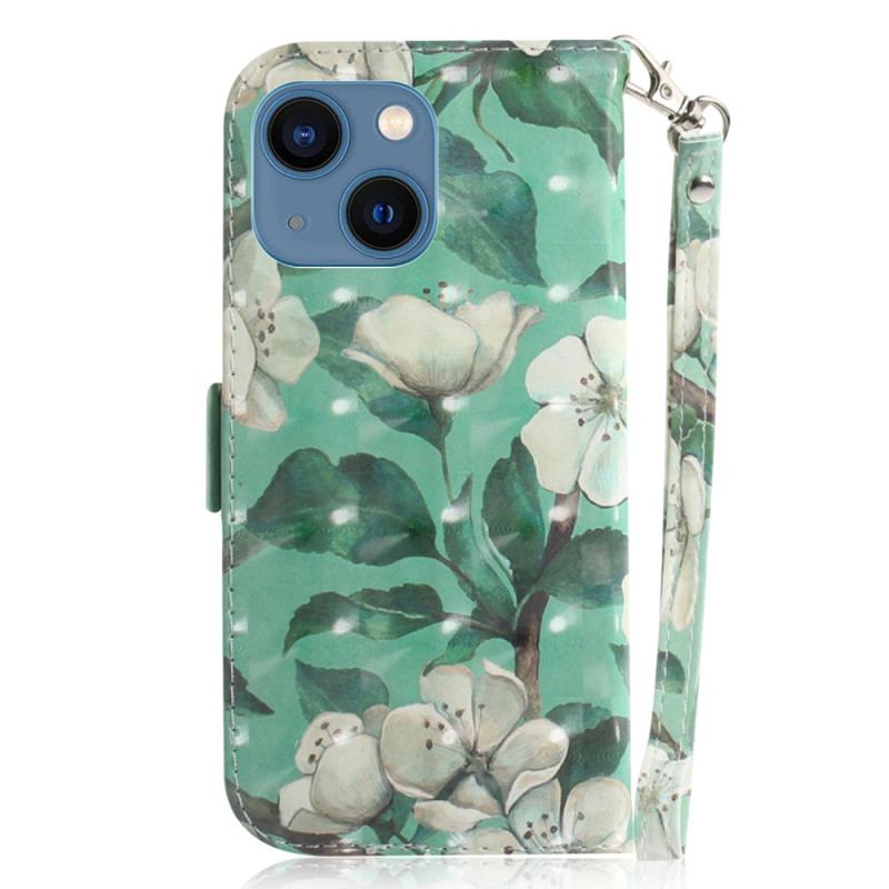 Capa De Couro Para iPhone 15 Plus De Cordão Flores Brancas Com Alça