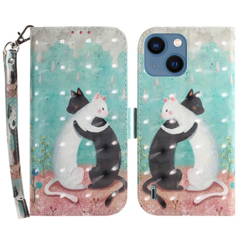 Capa De Couro Para iPhone 15 Plus De Cordão Gato Preto Gato Branco Com Alça