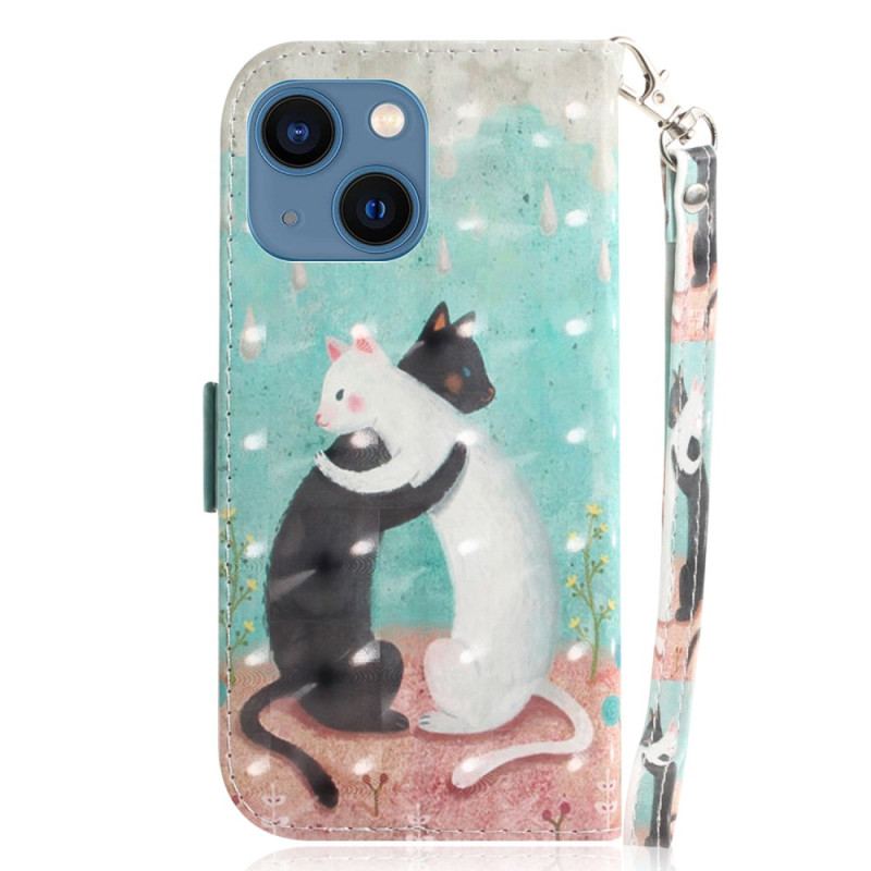 Capa De Couro Para iPhone 15 Plus De Cordão Gato Preto Gato Branco Com Alça