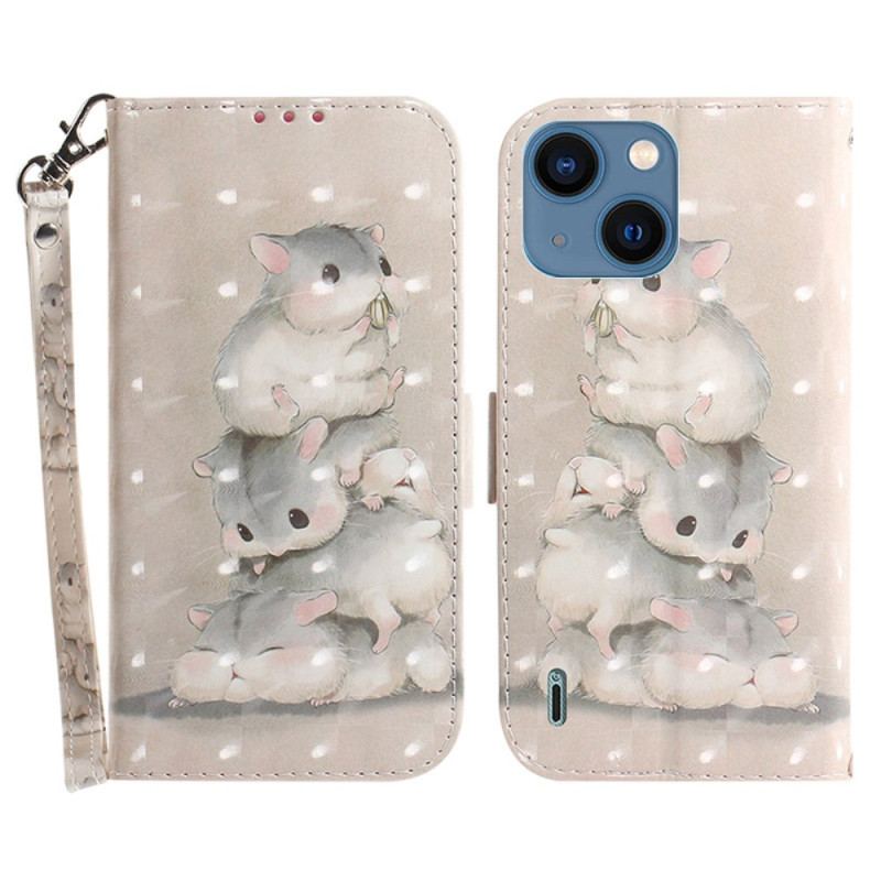 Capa De Couro Para iPhone 15 Plus De Cordão Hamsters Com Alça