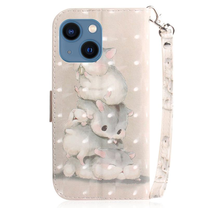 Capa De Couro Para iPhone 15 Plus De Cordão Hamsters Com Alça