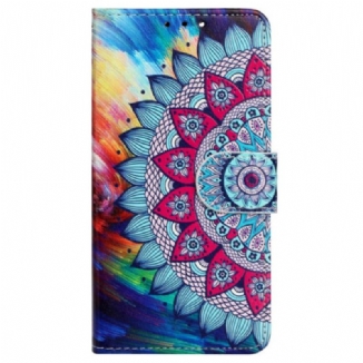 Capa De Couro Para iPhone 15 Plus De Cordão Mandala Colorida Com Alça