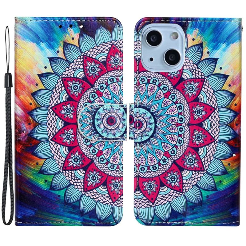 Capa De Couro Para iPhone 15 Plus De Cordão Mandala Colorida Com Alça