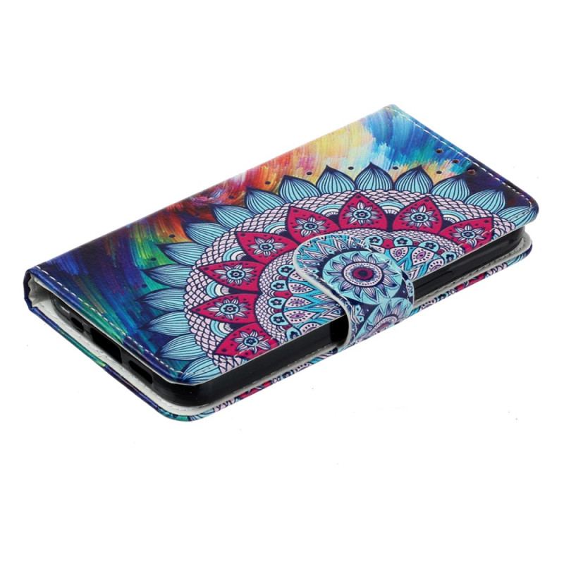 Capa De Couro Para iPhone 15 Plus De Cordão Mandala Colorida Com Alça