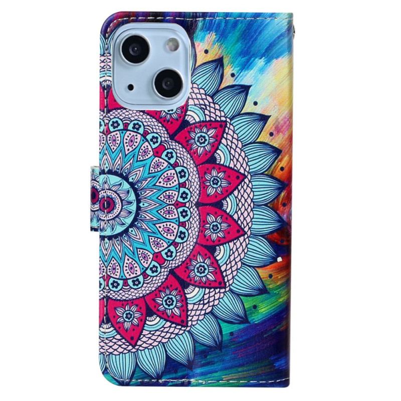 Capa De Couro Para iPhone 15 Plus De Cordão Mandala Colorida Com Alça