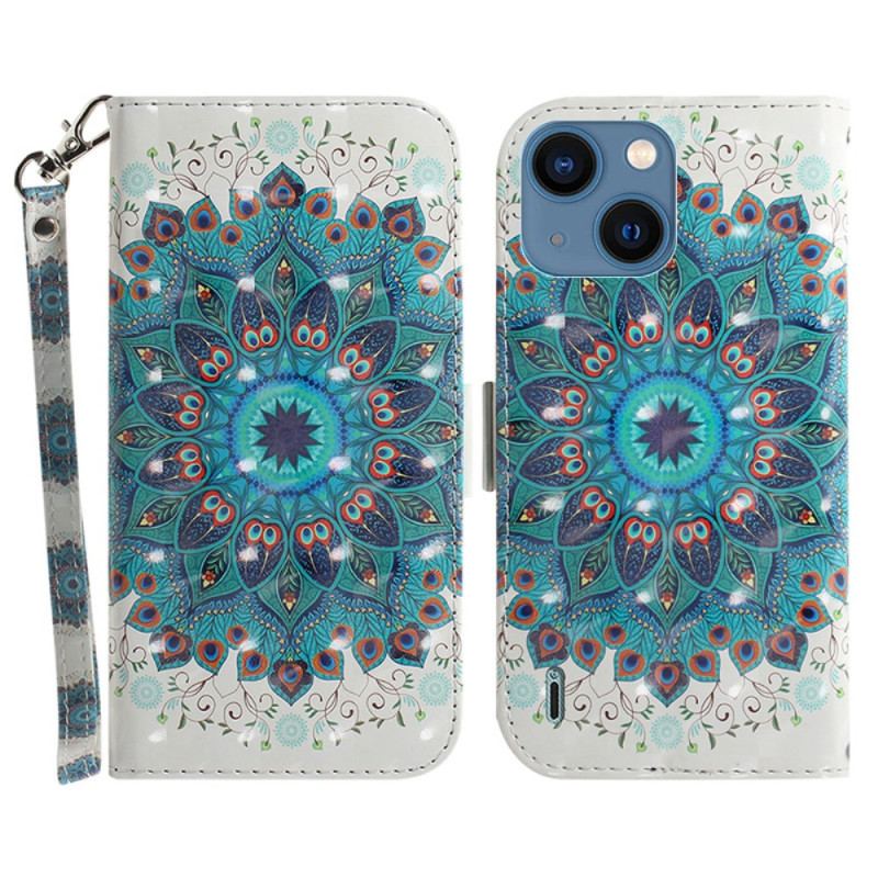 Capa De Couro Para iPhone 15 Plus De Cordão Mandala Com Alça