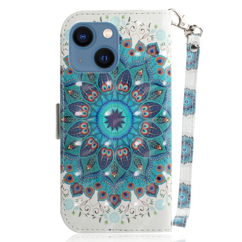 Capa De Couro Para iPhone 15 Plus De Cordão Mandala Com Alça