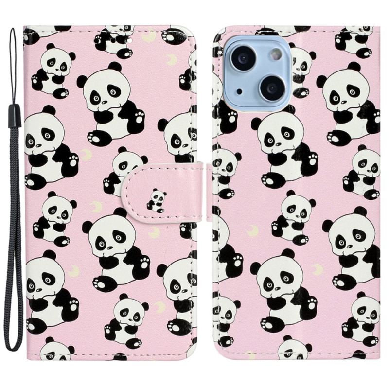 Capa De Couro Para iPhone 15 Plus De Cordão Pequenos Pandas Com Alça