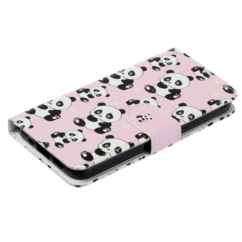 Capa De Couro Para iPhone 15 Plus De Cordão Pequenos Pandas Com Alça