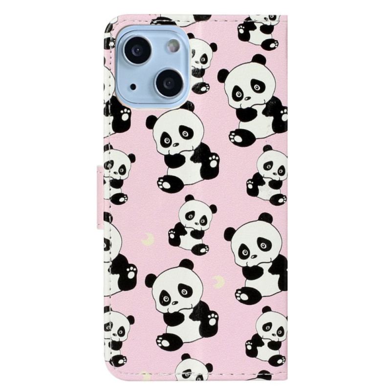 Capa De Couro Para iPhone 15 Plus De Cordão Pequenos Pandas Com Alça