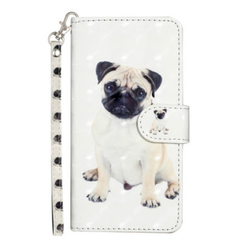 Capa De Couro Para iPhone 15 Plus De Cordão Pug 3d Com Alça