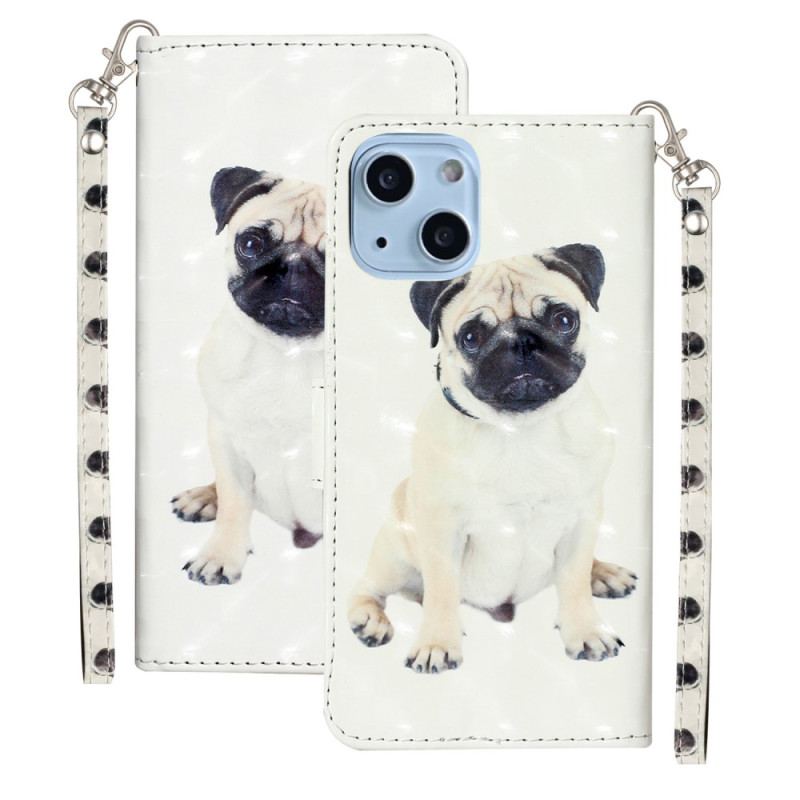 Capa De Couro Para iPhone 15 Plus De Cordão Pug 3d Com Alça