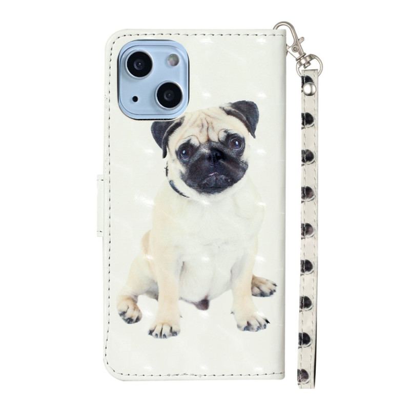 Capa De Couro Para iPhone 15 Plus De Cordão Pug 3d Com Alça