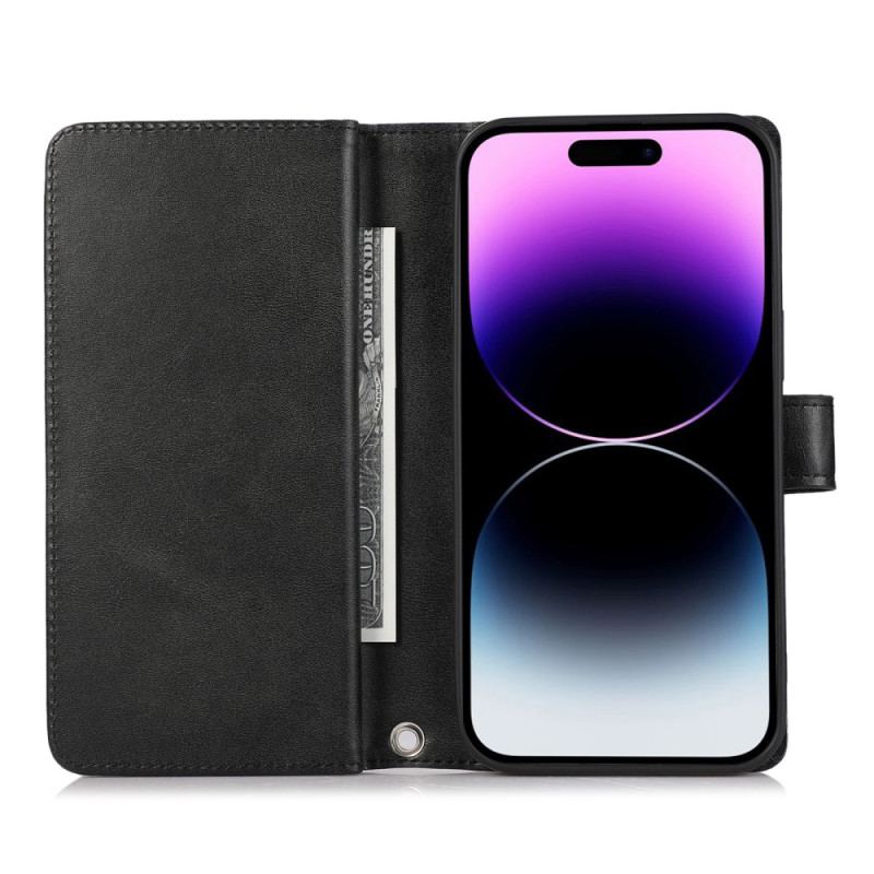 Capa De Couro Para iPhone 15 Plus Multicartões E Bolso Frontal