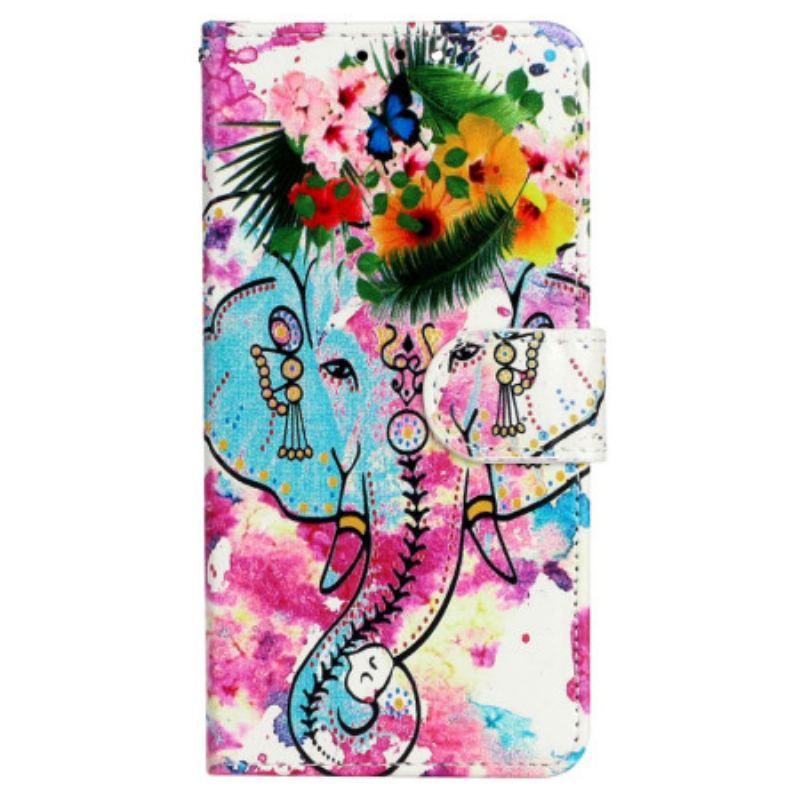 Capa Em Pele Para iPhone 15 Plus De Cordão Elefante Aquarela Com Cordão