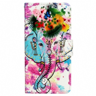 Capa Em Pele Para iPhone 15 Plus De Cordão Elefante Aquarela Com Cordão