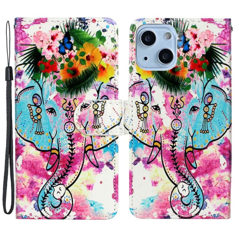 Capa Em Pele Para iPhone 15 Plus De Cordão Elefante Aquarela Com Cordão