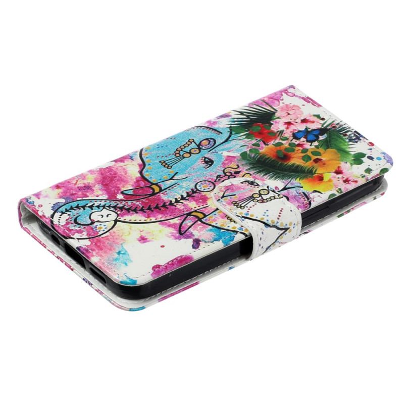 Capa Em Pele Para iPhone 15 Plus De Cordão Elefante Aquarela Com Cordão