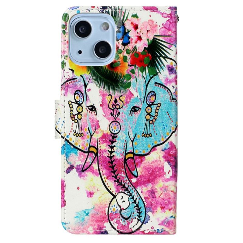 Capa Em Pele Para iPhone 15 Plus De Cordão Elefante Aquarela Com Cordão