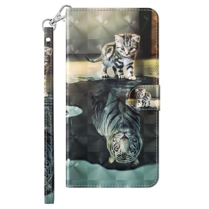 Capa Em Pele Para iPhone 15 Plus De Cordão Sonho De Gatinho 3d Com Alça