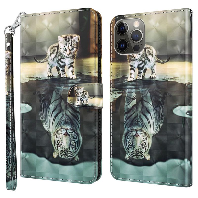 Capa Em Pele Para iPhone 15 Plus De Cordão Sonho De Gatinho 3d Com Alça