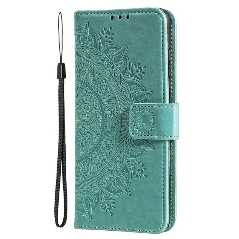 Capa Em Pele Para iPhone 15 Plus Mandala Do Sol Com Cordão