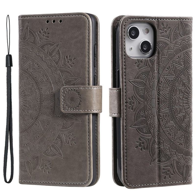 Capa Em Pele Para iPhone 15 Plus Mandala Do Sol Com Cordão