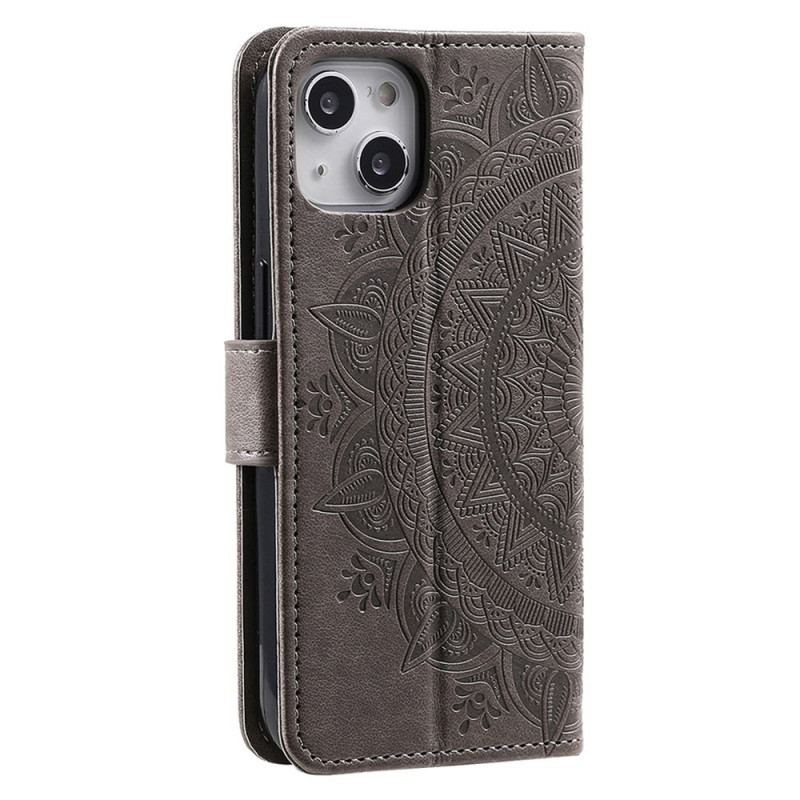 Capa Em Pele Para iPhone 15 Plus Mandala Do Sol Com Cordão