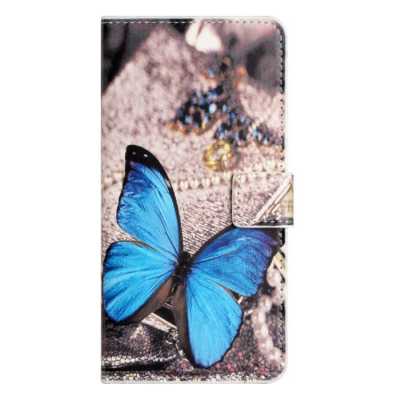 Capa Flip Para iPhone 15 Plus Borboleta Azul