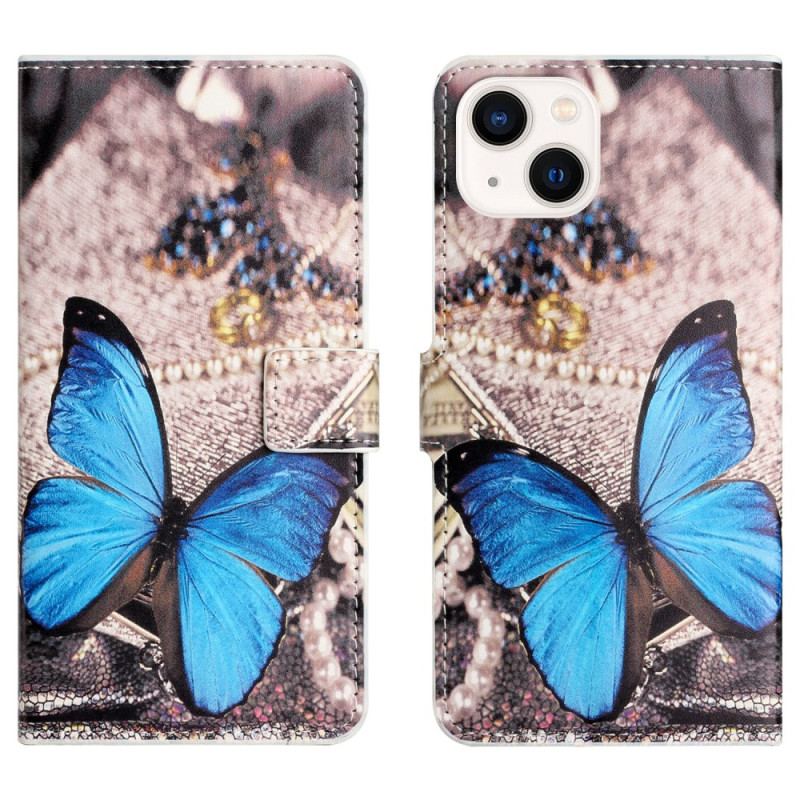 Capa Flip Para iPhone 15 Plus Borboleta Azul