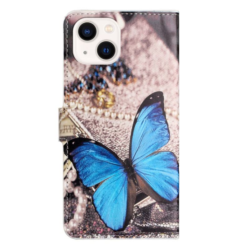 Capa Flip Para iPhone 15 Plus Borboleta Azul