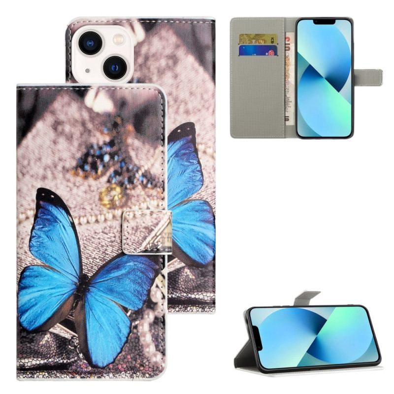 Capa Flip Para iPhone 15 Plus Borboleta Azul