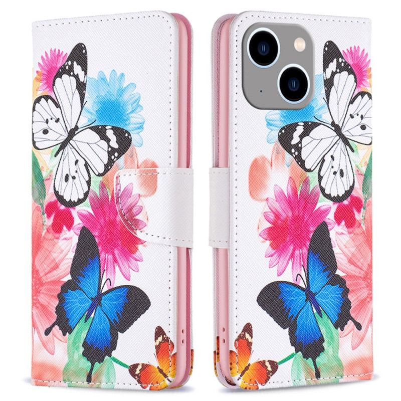 Capa Flip Para iPhone 15 Plus Borboletas Em Aquarela