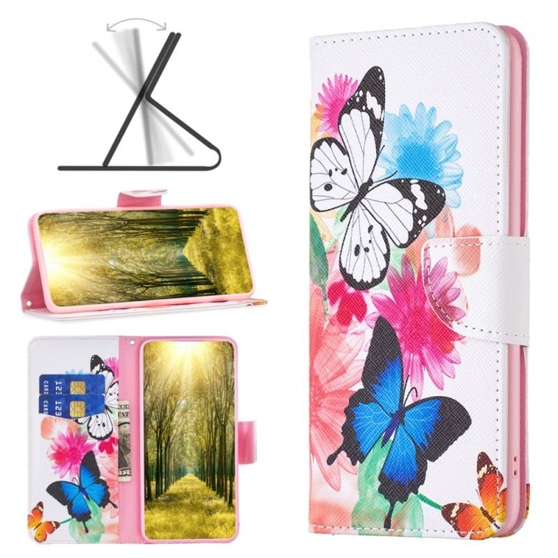 Capa Flip Para iPhone 15 Plus Borboletas Em Aquarela