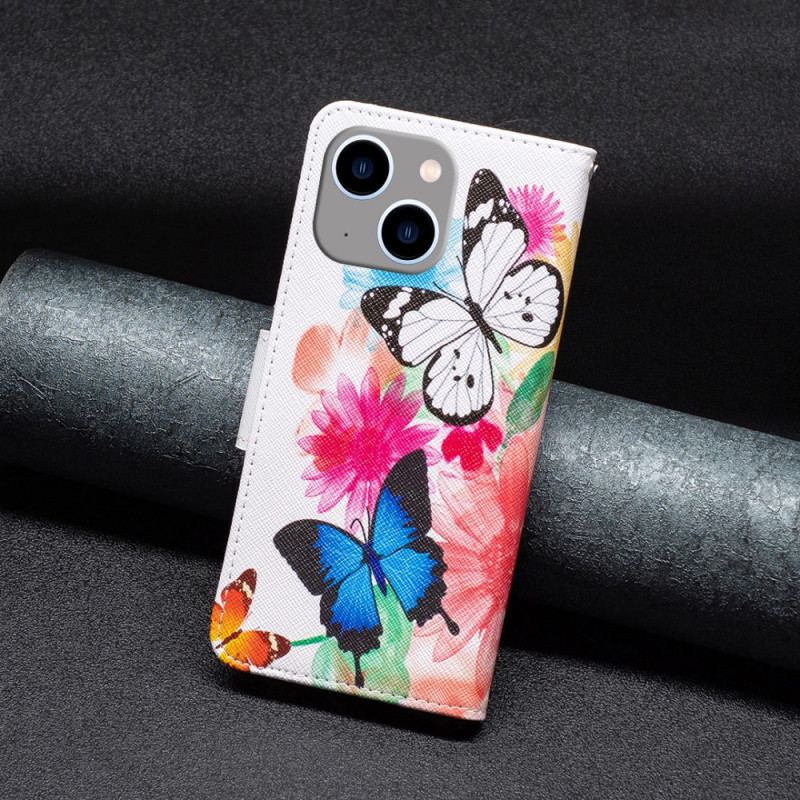 Capa Flip Para iPhone 15 Plus Borboletas Em Aquarela