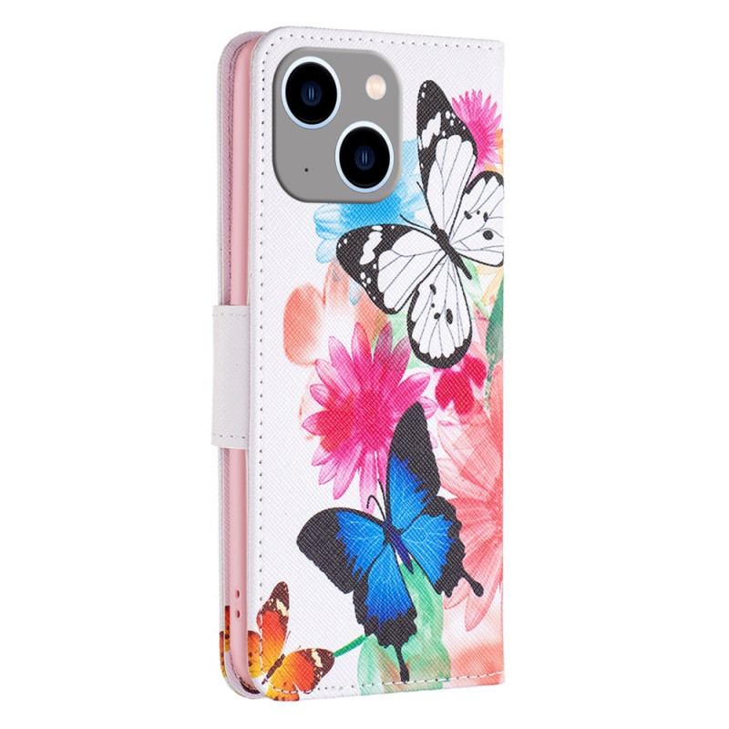 Capa Flip Para iPhone 15 Plus Borboletas Em Aquarela