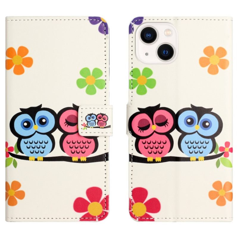 Capa Flip Para iPhone 15 Plus Casal De Corujas