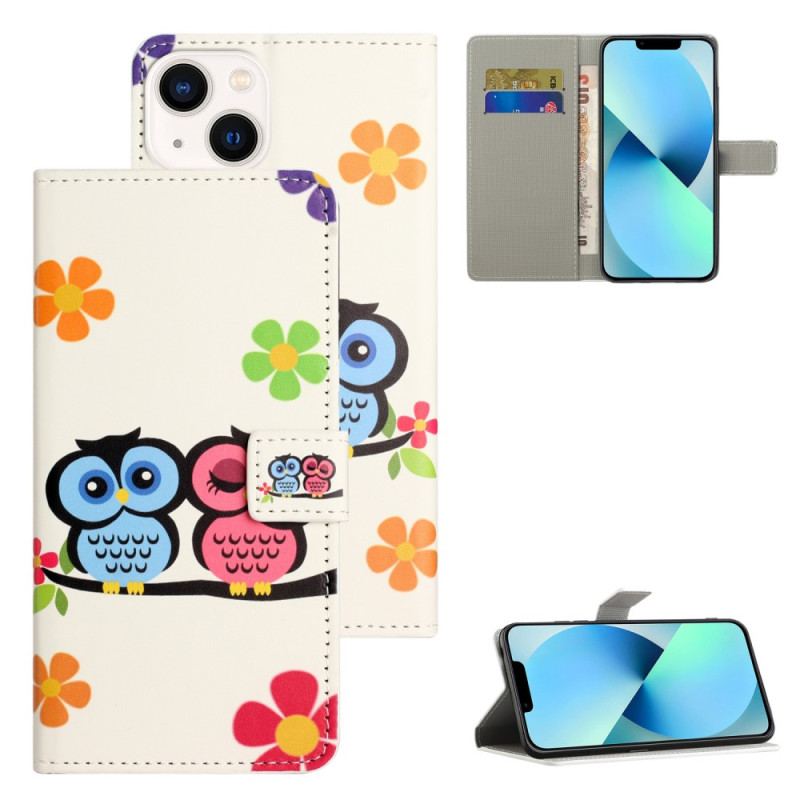 Capa Flip Para iPhone 15 Plus Casal De Corujas