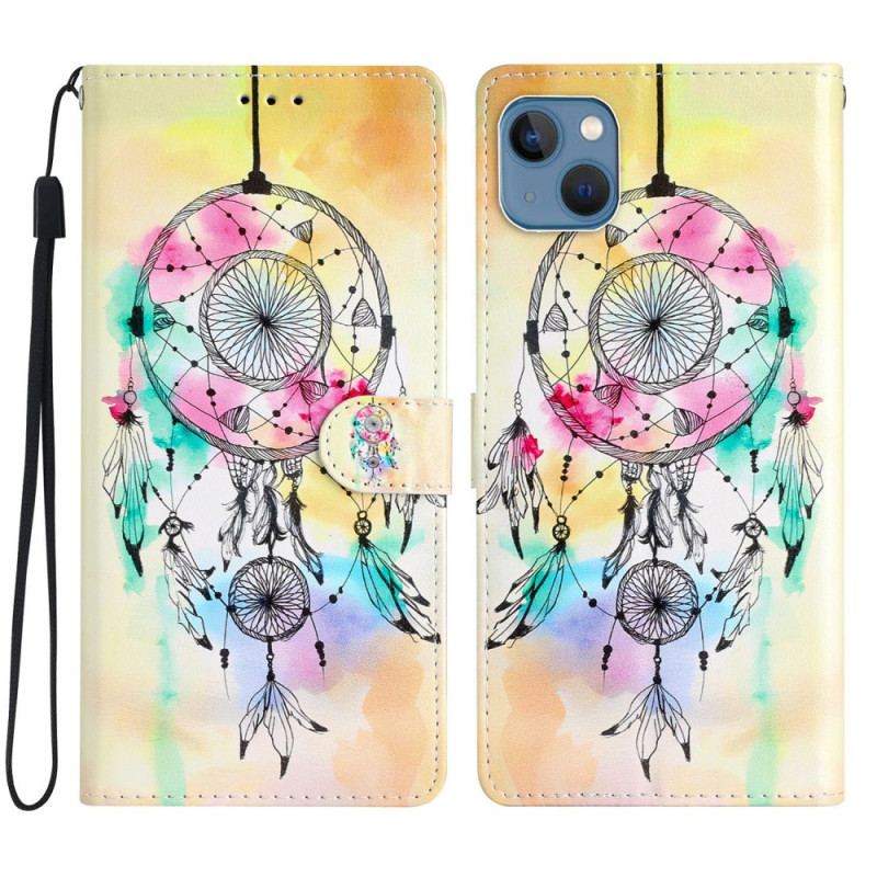 Capa Flip Para iPhone 15 Plus De Cordão Apanhador De Sonhos Aquarela Com Alça